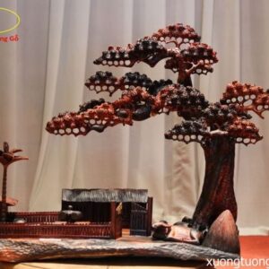 Tiểu Cảnh Cây Tùng Nhà Tranh Gỗ Trắc