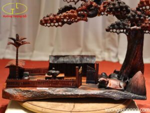 Tiểu Cảnh Cây Tùng Nhà Tranh Gỗ Trắc
