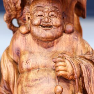 Di lạc đứng dưới gốc cây tùng gỗ sưa