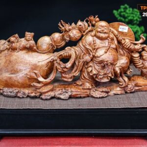 Di Lạc Vác Cành Đào Kéo Bao Tiền Tam Tiểu Gỗ Nu Hương