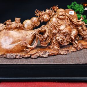 Di Lạc Vác Cành Đào Kéo Bao Tiền Tam Tiểu Gỗ Nu Hương