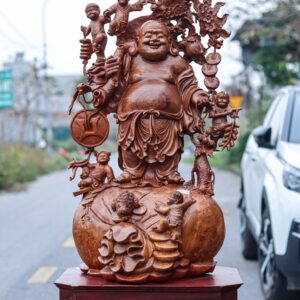 Di Lạc Vác Cành Đào Ngũ Tiểu Đứng Bao Tiền Gỗ Nu Hương