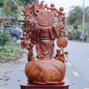 Di Lạc Vác Cành Đào Ngũ Tiểu Đứng Bao Tiền Gỗ Nu Hương