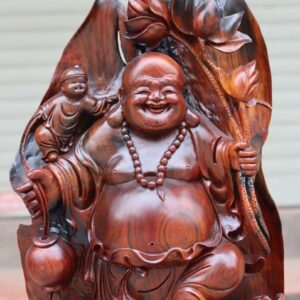 Tượng Phật Di Lặc Nhị Tiểu Cầm Sen Gỗ Trắc Đỏ Đen