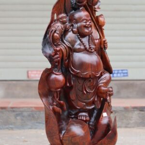 Tượng Phật Di Lặc Nhị Tiểu Cầm Sen Gỗ Trắc Đỏ Đen