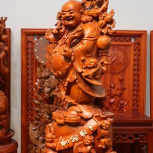 Tượng Di Lặc Ngũ Phúc Vác Cành Đào Gỗ Hương