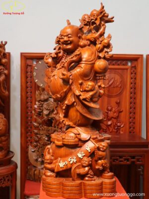 Tượng Di Lặc Ngũ Phúc Vác Cành Đào Gỗ Hương
