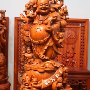 Tượng Di Lặc Ngũ Phúc Vác Cành Đào Gỗ Hương
