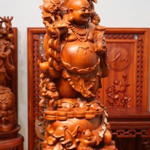 Tượng Di Lặc Ngũ Phúc Vác Cành Đào Gỗ Hương
