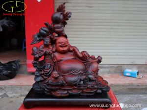 Tượng Di Lặc Nhị Tiểu Vác Cành Đào Gỗ Trắc