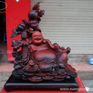 Tượng Di Lặc Nhị Tiểu Vác Cành Đào Gỗ Trắc