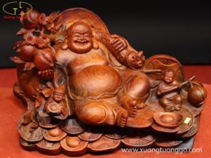 Tượng Di Lặc Nhị Tiểu Vác Đào Gỗ Trắc