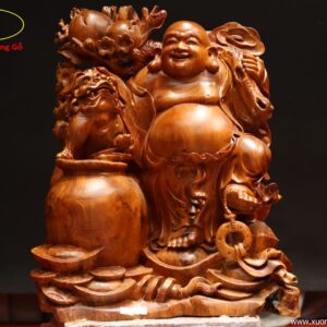 Tượng Phật Di Lặc Vác Đào Đứng Cạnh Nghê Gỗ Hương
