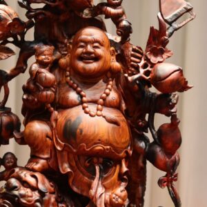 Tượng Phật Di Lặc Ngũ Tiểu Vác Cành Đào Đứng Bao Tiền Song Nghê Gỗ Trắc