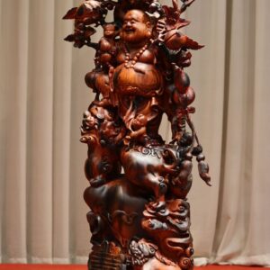 Tượng Phật Di Lặc Ngũ Tiểu Vác Cành Đào Đứng Bao Tiền Song Nghê Gỗ Trắc