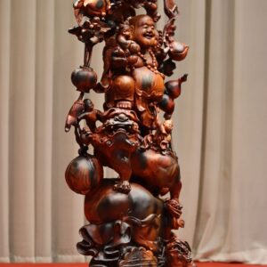 Tượng Phật Di Lặc Ngũ Tiểu Vác Cành Đào Đứng Bao Tiền Song Nghê Gỗ Trắc