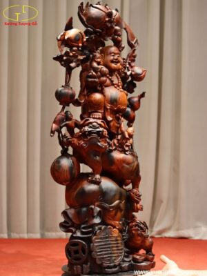 Tượng Phật Di Lặc Ngũ Tiểu Vác Cành Đào Đứng Bao Tiền Song Nghê Gỗ Trắc