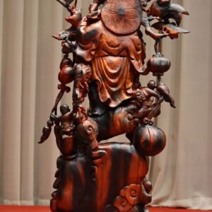 Tượng Phật Di Lặc Ngũ Tiểu Vác Cành Đào Đứng Bao Tiền Song Nghê Gỗ Trắc