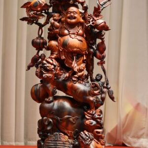 Tượng Phật Di Lặc Ngũ Tiểu Vác Cành Đào Đứng Bao Tiền Song Nghê Gỗ Trắc