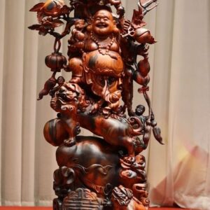 Tượng Phật Di Lặc Ngũ Tiểu Vác Cành Đào Đứng Bao Tiền Song Nghê Gỗ Trắc