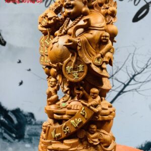 Di Lặc Ngũ Phúc Vác Cành Đào Gỗ Hương