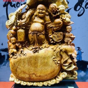 Di Lặc Nhị TIểu Vác Cành Đào Gỗ Nu Ngọc Am