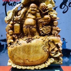 Di Lặc Nhị TIểu Vác Cành Đào Gỗ Nu Ngọc Am