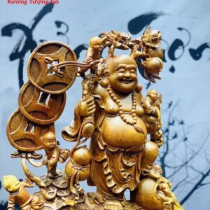 Tượng Phật Di Lặc Cửu Tiểu Vác Cành Đào Gỗ Nu Hương