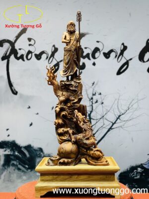 Tượng Đạt Ma ngự rồng gỗ nu hương.