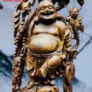Di Lặc tam tiểu gánh hoa sen gỗ cẩm lai.