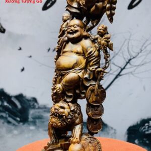 Di Lặc tam tiểu gánh hoa sen gỗ cẩm lai.