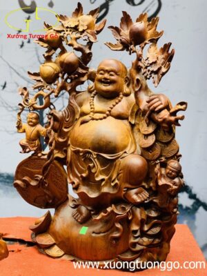 Di lặc nhị tiểu vác đào đứng bao tiền gỗ hương ta.