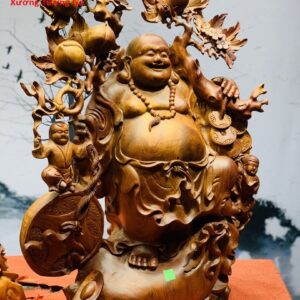 Di lặc nhị tiểu vác đào đứng bao tiền gỗ hương ta.