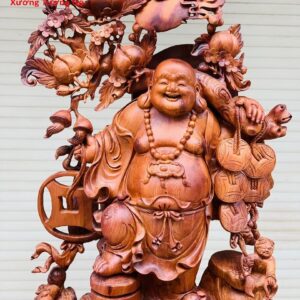 Di Lặc ngũ phúc vác đào đứng bao tiền gỗ hương.