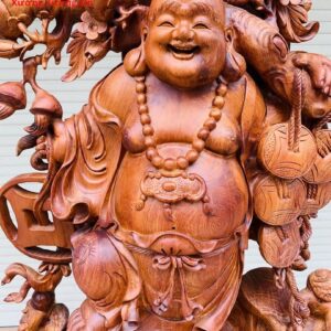 Di Lặc ngũ phúc vác đào đứng bao tiền gỗ hương.