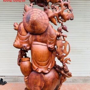 Di Lặc ngũ phúc vác đào đứng bao tiền gỗ hương.