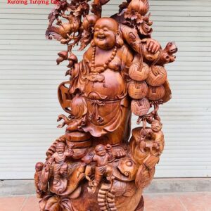 Di Lặc ngũ phúc vác đào đứng bao tiền gỗ hương.