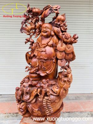 Di Lặc ngũ phúc vác đào đứng bao tiền gỗ hương.