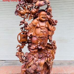 Di Lặc ngũ phúc vác đào đứng bao tiền gỗ hương.