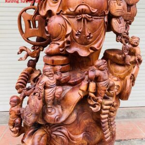 Di Lặc ngũ phúc vác đào đứng bao tiền gỗ hương.