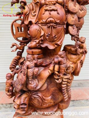 Di Lặc ngũ phúc vác đào đứng bao tiền gỗ hương.