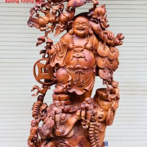 Di Lặc ngũ phúc vác đào đứng bao tiền gỗ hương.