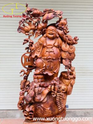 Di Lặc ngũ phúc vác đào đứng bao tiền gỗ hương.