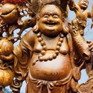 Di Lặc nhị tiểu vác đào đứng bao tiền gỗ cẩm lai.