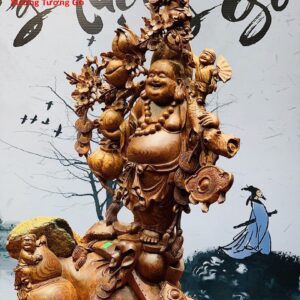 Di Lặc nhị tiểu vác đào đứng bao tiền gỗ cẩm lai.