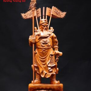 Quan Công chống đao cầm cờ gỗ hương