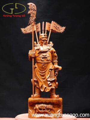 Quan Công chống đao cầm cờ gỗ hương