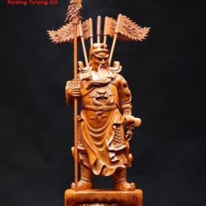 Quan Công chống đao cầm cờ gỗ hương