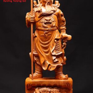 Quan Công chống đao cầm cờ gỗ hương