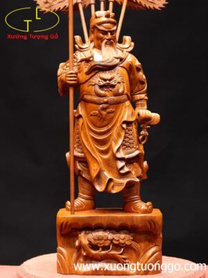 Quan Công chống đao cầm cờ gỗ hương
